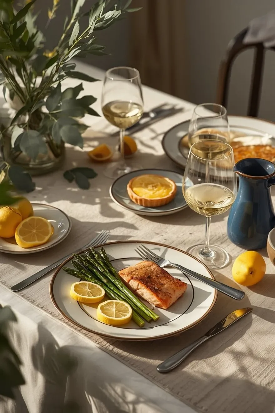 Seasonal dinner table with seared salmon, lemon tart and white wine